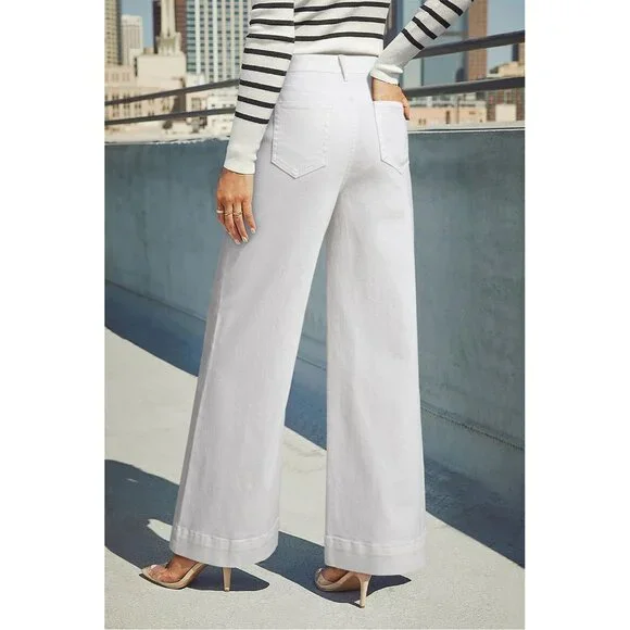 Women's White Casual High Waisted Stretch Button Wide Leg Loose Denim Jeans - Picture 2 of 3
